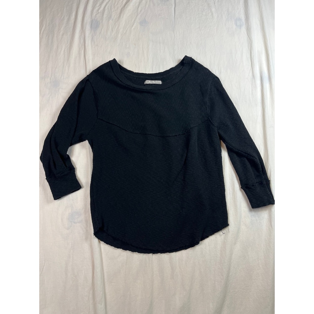 We The Free Free People Black Waffle Knit Thermal Top Raw Edge Scoop Neck Medium